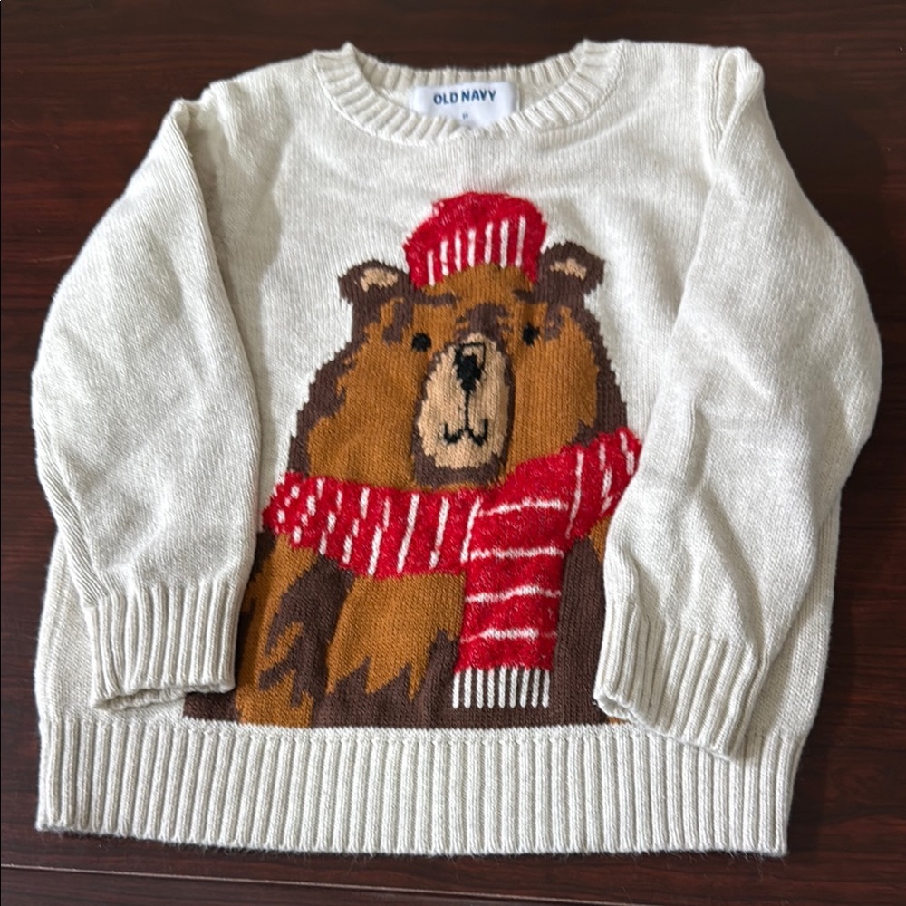Old Navy Cream Sweater with Bear and Red Scarf Toddler size 3T EUC